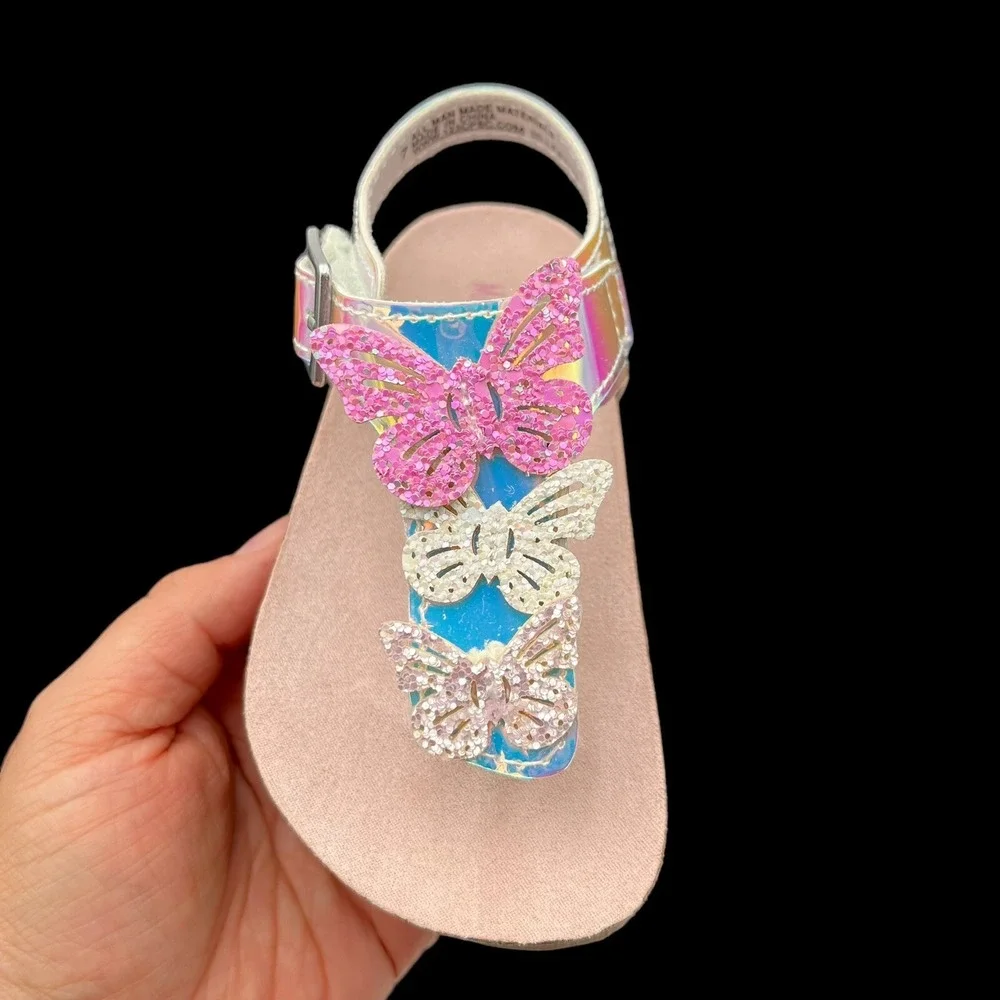 Maggie & Zoe Toddler Girls Butterfly Thong Sandals Size 6 Silver-Tan Lightweight